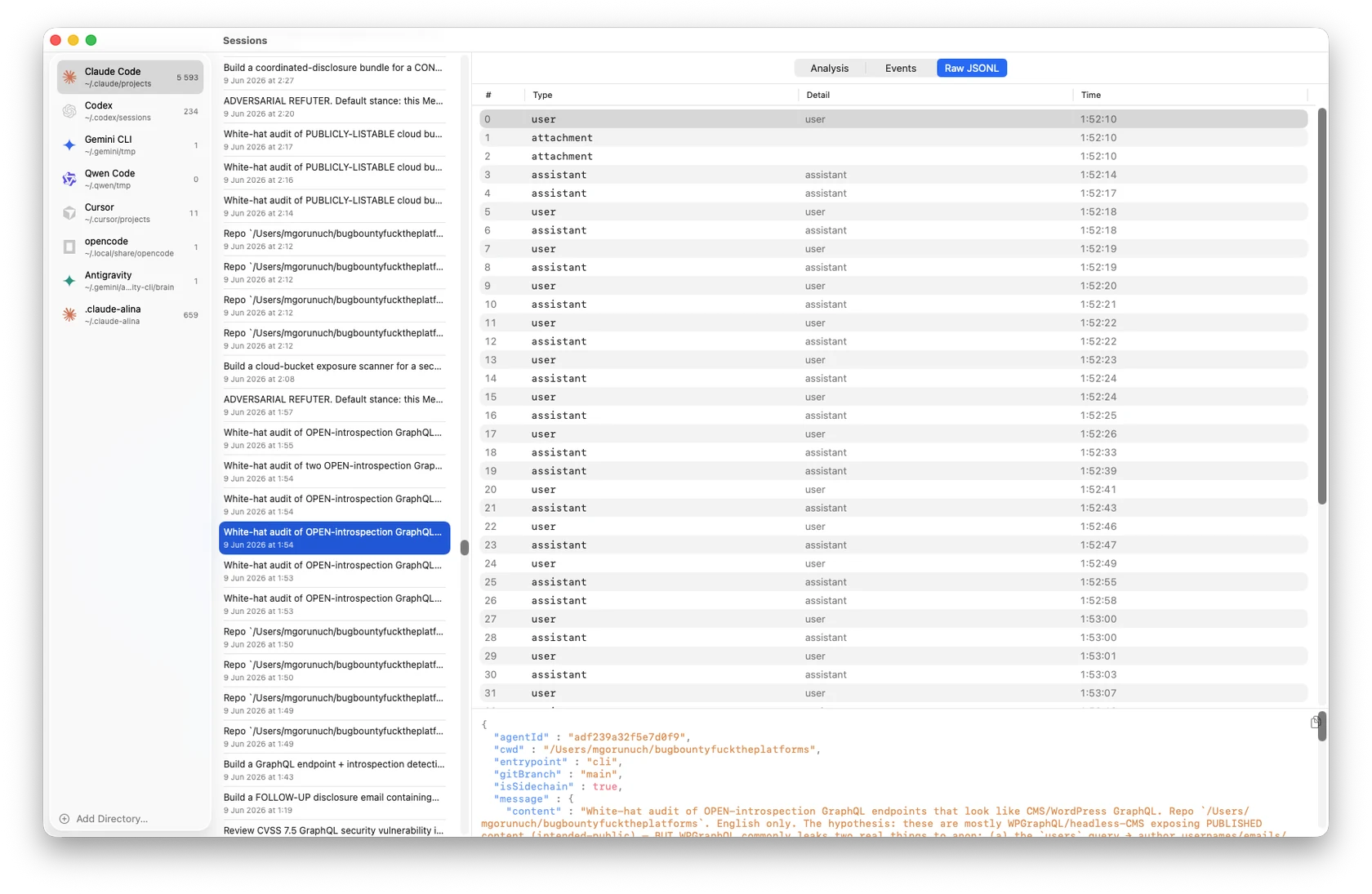 AGANAL Raw JSONL view: every line of the session as a typed table, with the exact underlying record shown and syntax-highlighted.
